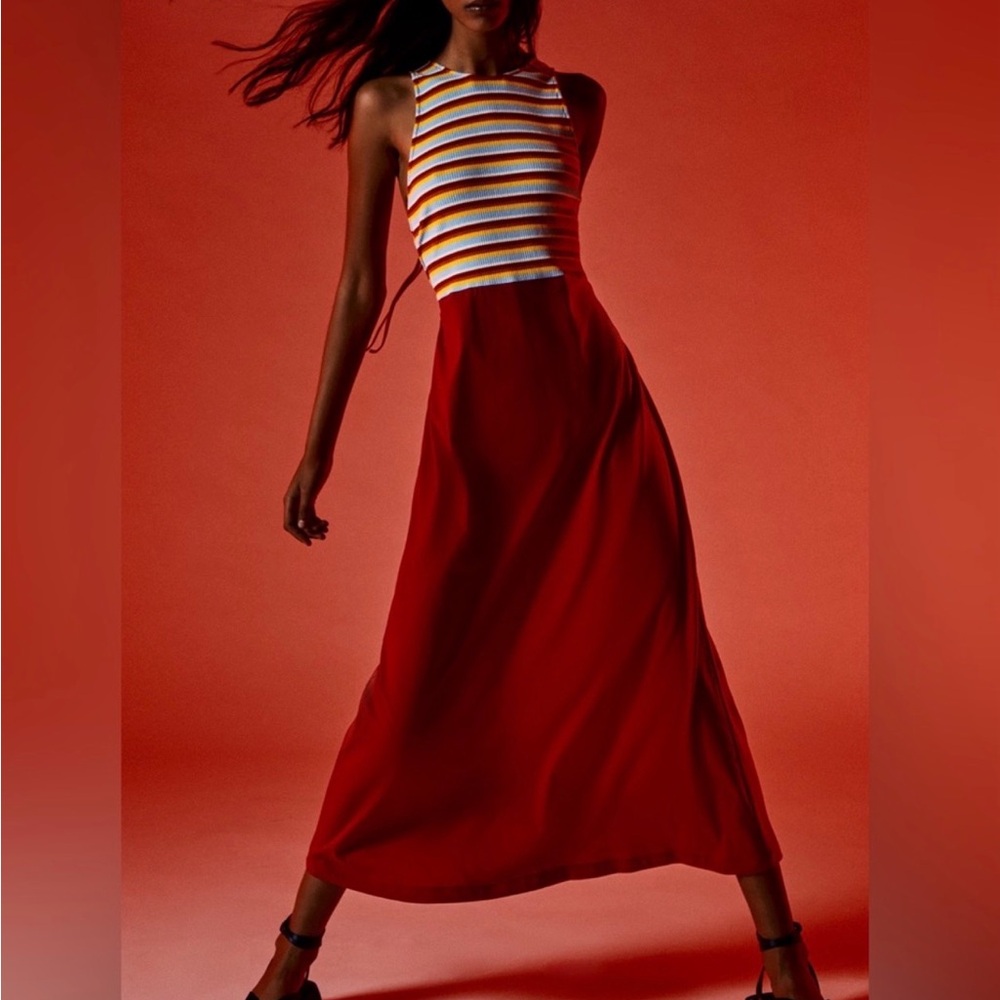 Zara women’s maxi s Red and Yellow Striped Dress beach summer
